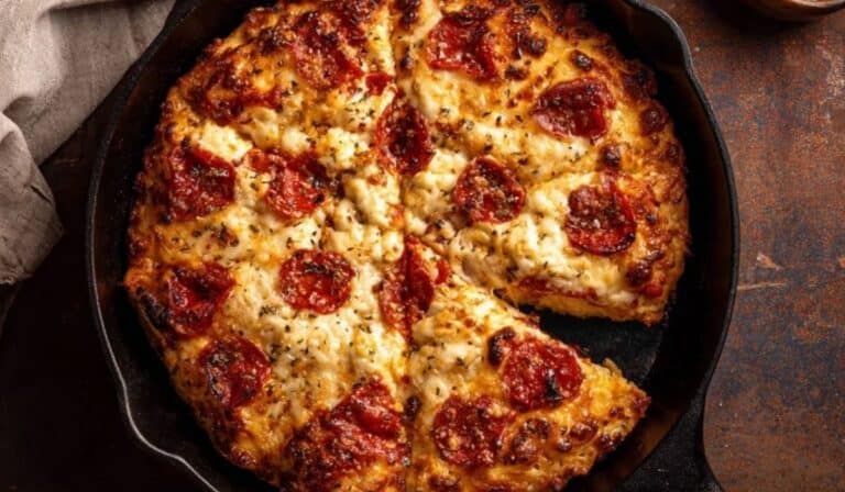 Cast Iron Skillet Pizza with golden crust served in skillet