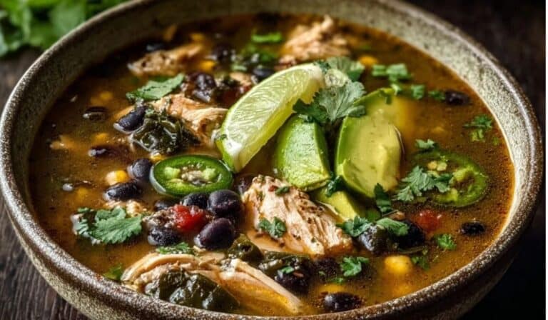Chicken Poblano and Black Bean Soup served in rustic bowl