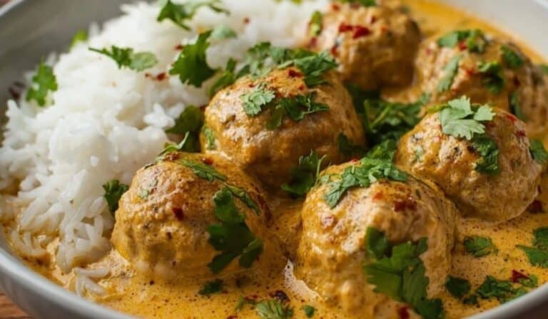 Coconut Curry Chicken Meatballs in golden sauce with rice