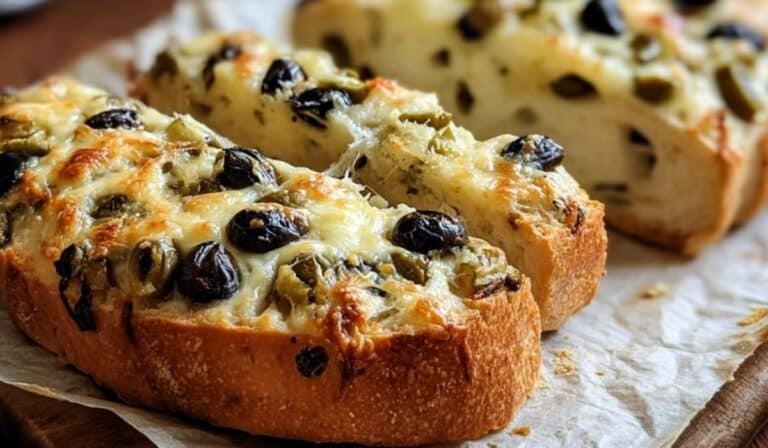 Sliced Cozy Olive Cheese Bread served on rustic table