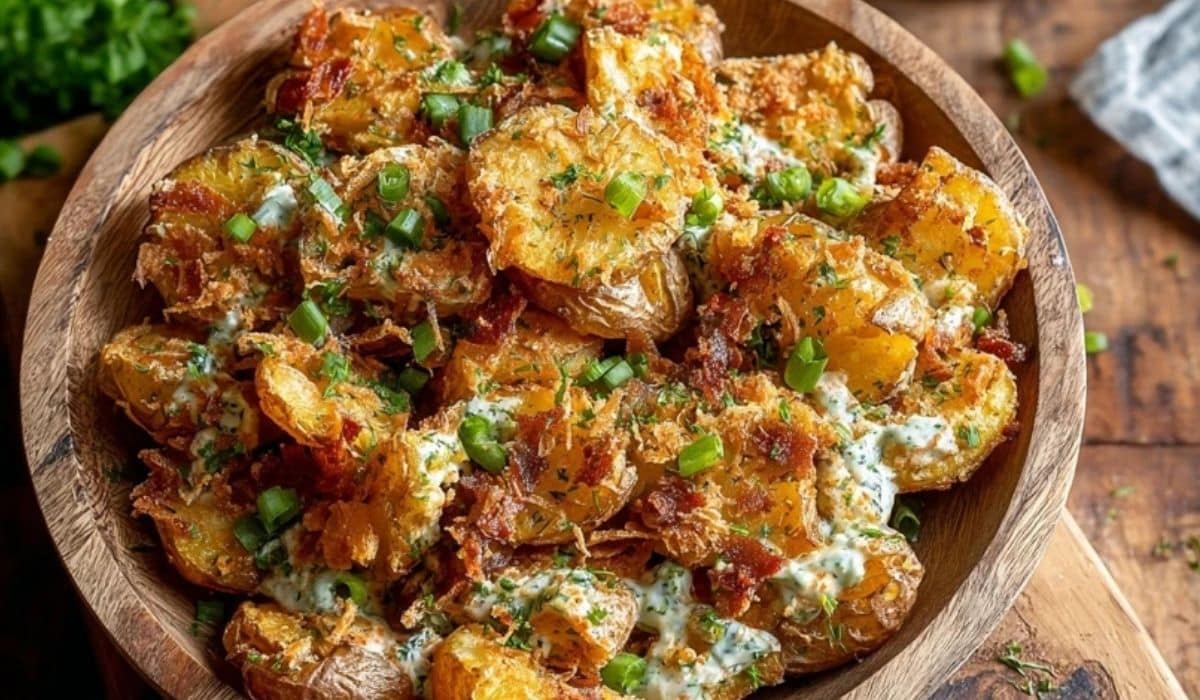 Crispy Smashed Potato Salad on serving plate