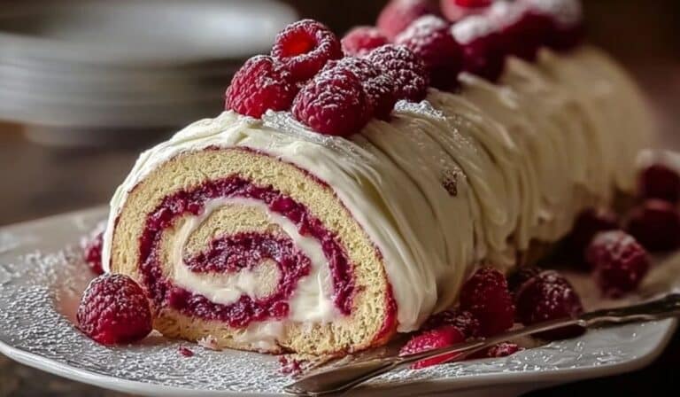 Decadent Raspberry and White Chocolate Roll Cake on cake stand