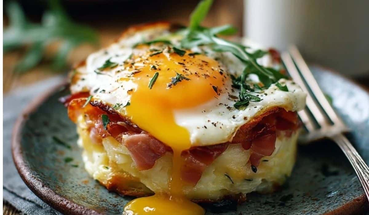 Delicious Eggs Napoleon served on a rustic brunch table