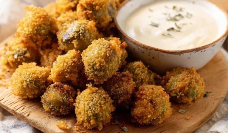 Fried Olives with Garlic Aioli served on rustic board