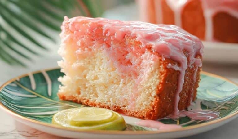 Hawaiian Guava Cake slice served with tropical decor