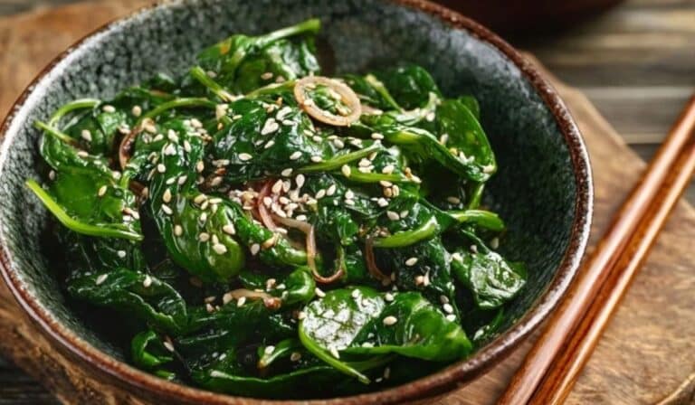 apanese Spinach Salad with Sesame Dressing beautifully served in a ceramic bowl