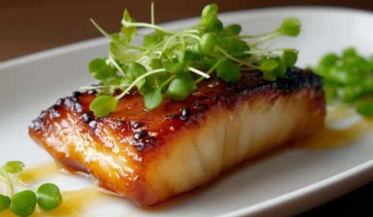 Nobu Miso Cod elegantly plated with microgreens and glaze