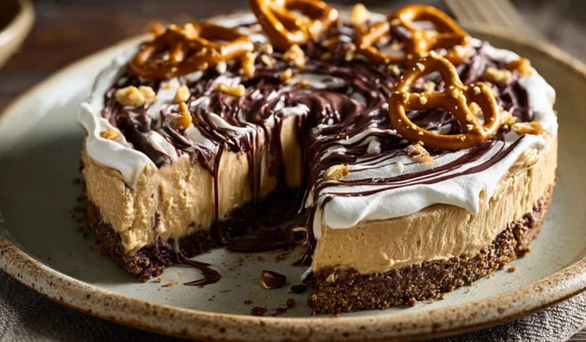 Peanut Butter Pretzel Pie served on a white ceramic plate