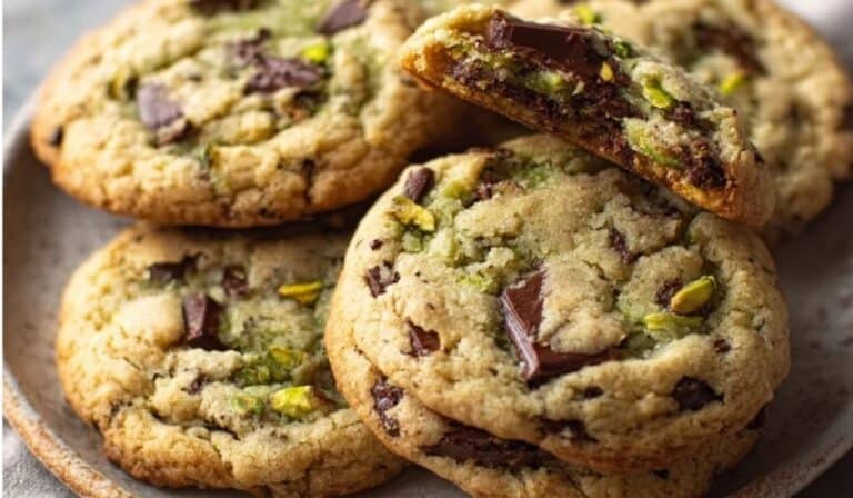 Pistachio Cream Chocolate Chip Cookies served on a rustic ceramic plate
