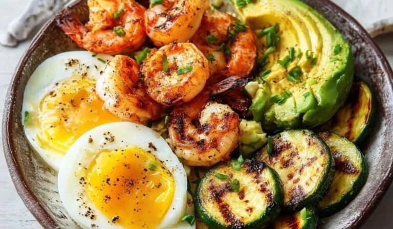 Shrimp, Egg, Zucchini and Avocado Bowl served top-down in a rustic bowl