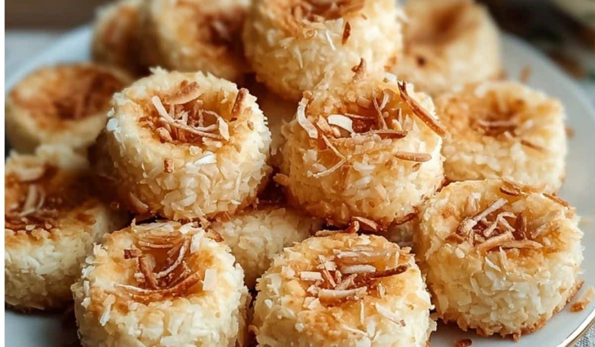 Simple Toasted Coconut Bites Shortbread Cookies on rustic plate
