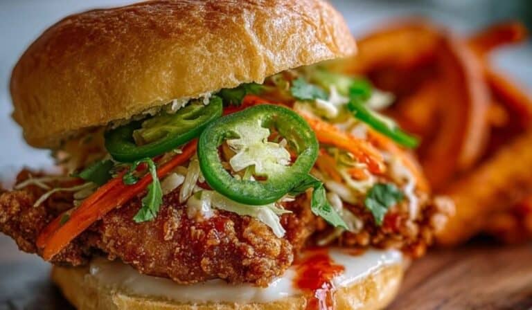 Thai Fried Chicken Sandwich served on rustic wood with pickled veggies and chili mayo.