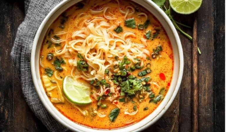 Thai Red Curry Noodle Soup served in a styled bowl with herbs and lime