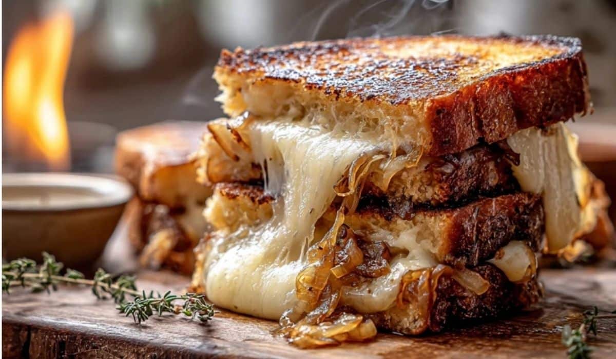 The Ultimate French Onion Grilled Cheese Melt on wooden board