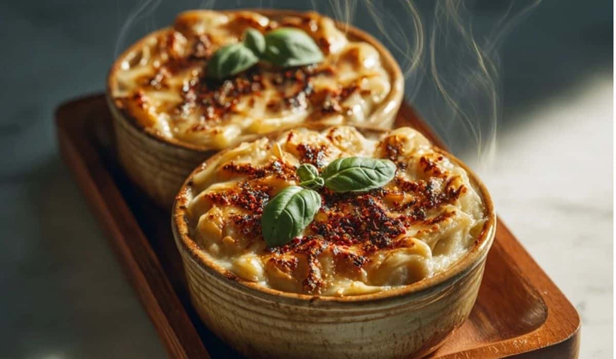 Viral Dumpling Lasagna served in a golden baking dish
