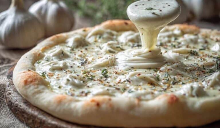 White Garlic Pizza Sauce on baked artisan crust