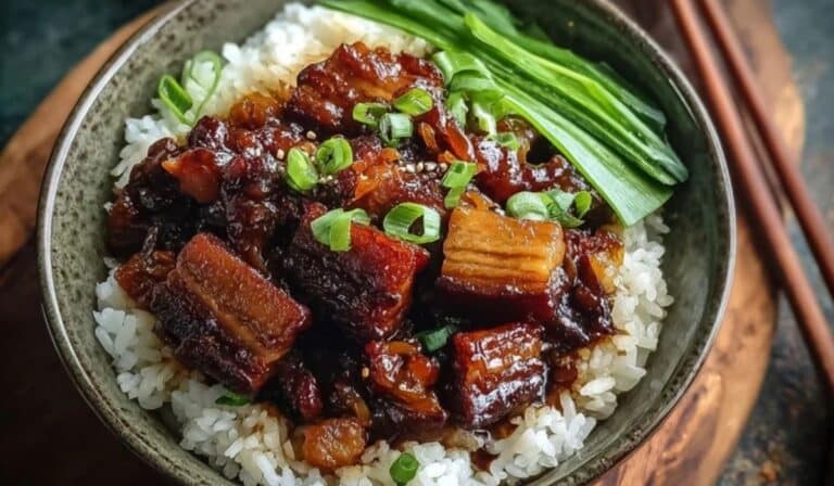 Lu Rou Fan in ceramic bowl with rich soy pork belly