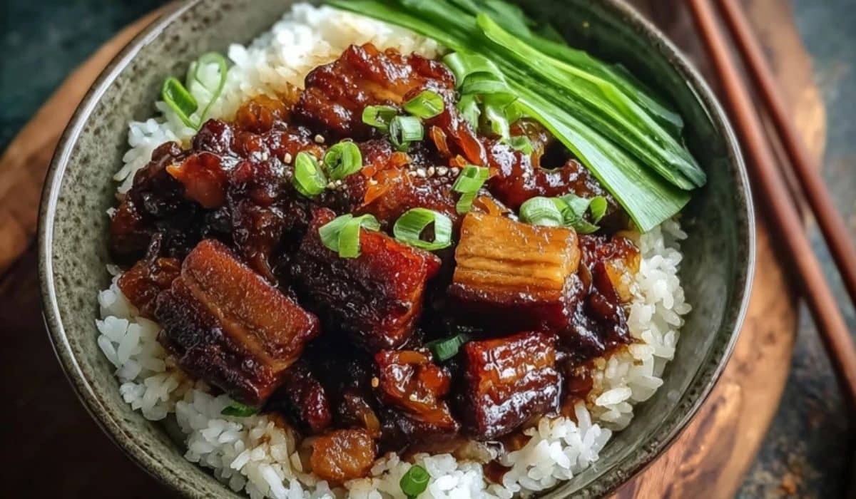 Lu Rou Fan in ceramic bowl with rich soy pork belly