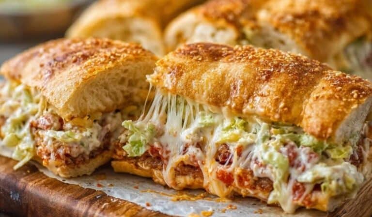 Baked Italian grinder sandwiches sliced open with melty cheese and salad.