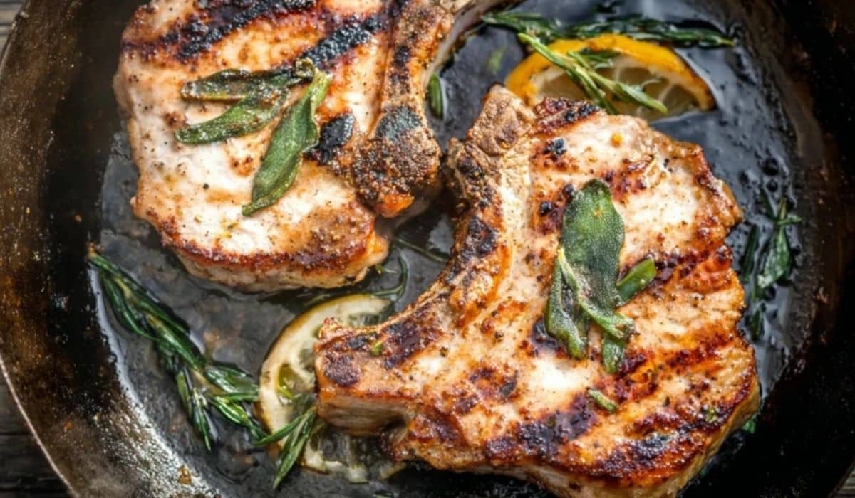 Best Grilled Pork Chops on platter with grill marks and herbs