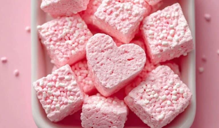 pink marshmallow treats in ceramic dish from top view