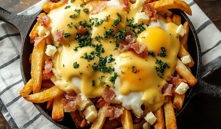 Breakfast Poutine With Hollandaise Sauce served on rustic plate