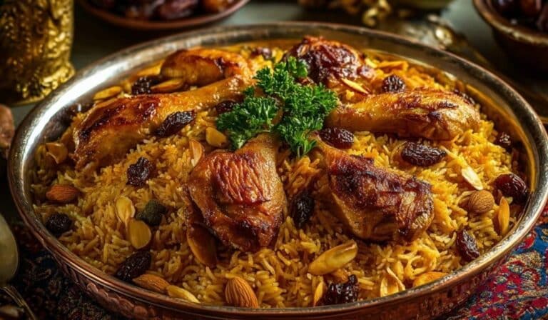 Chicken Kabsa served in a traditional Middle Eastern platter