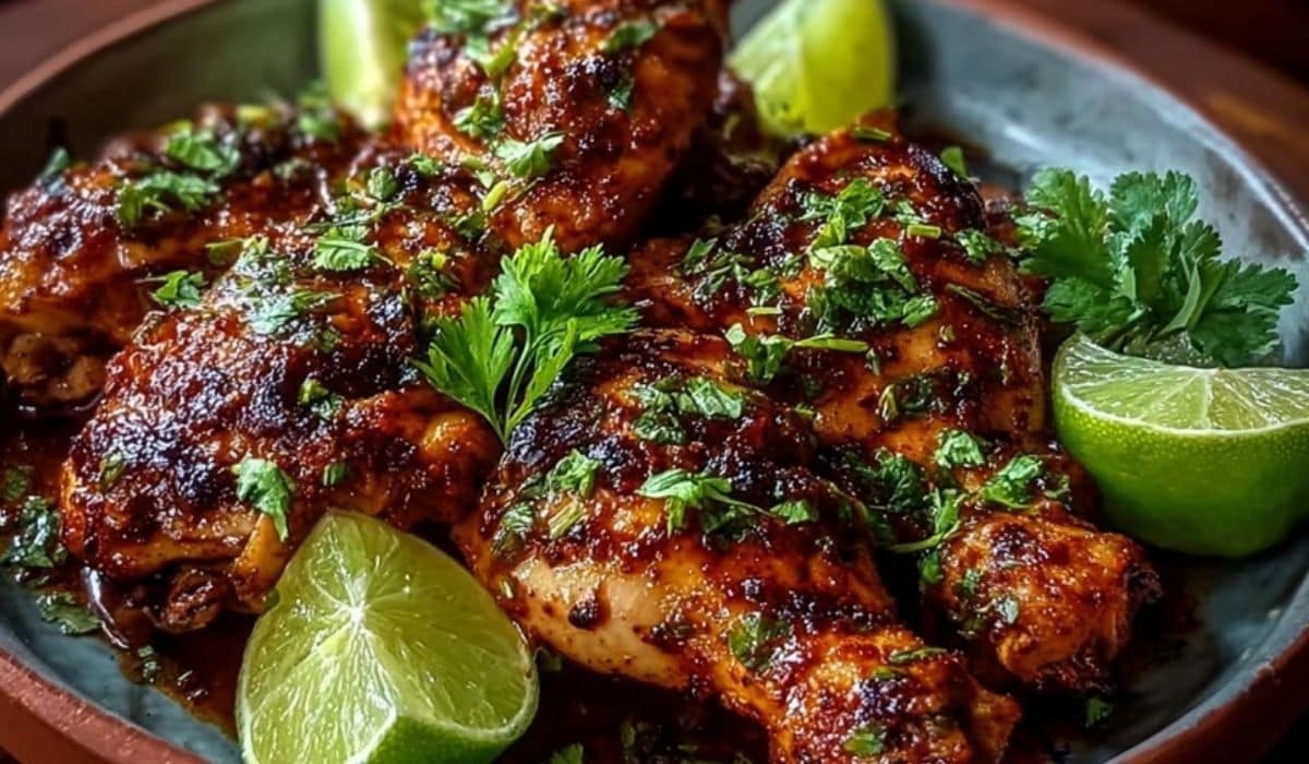 Chili Lime Chicken served with lime wedges on a rustic plate