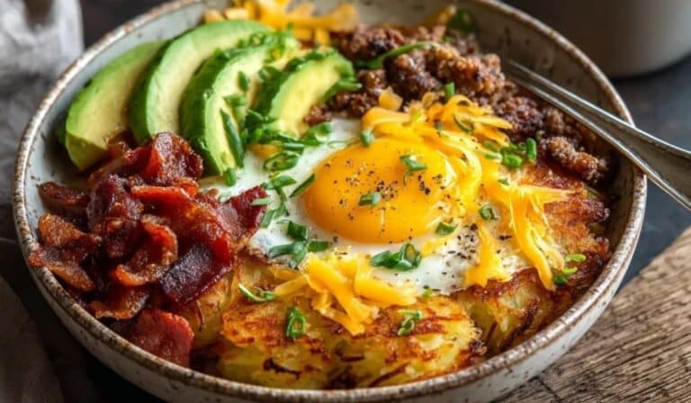 Crispy Hash Brown Breakfast Bowl with toppings served in rustic bowl