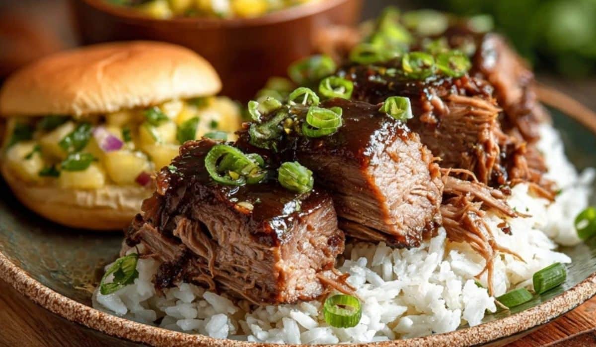 Delish Kalua Pork served with rice and pineapple salsa