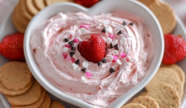 Easy 5-Minute Valentine’s Day Dessert Dip in heart-shaped bowl