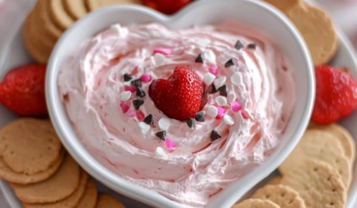 Easy 5-Minute Valentine’s Day Dessert Dip in heart-shaped bowl