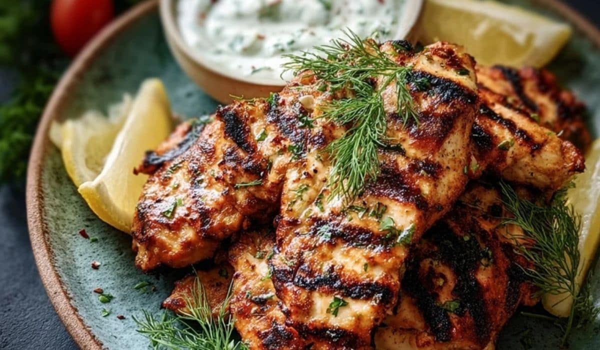 Featured image of Greek Yogurt Marinated Chicken served on a ceramic plate
