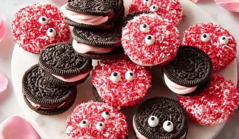 Love Bug Oreos served on marble plate for Valentine's Day