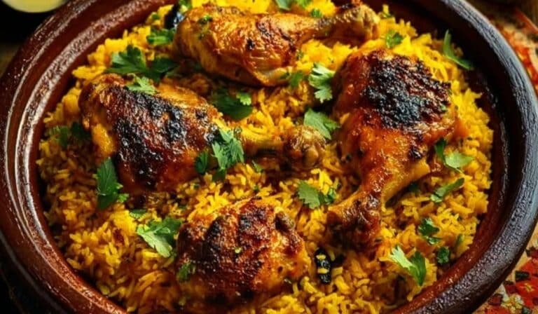 Moroccan Chicken and Rice served in a tagine with rustic background