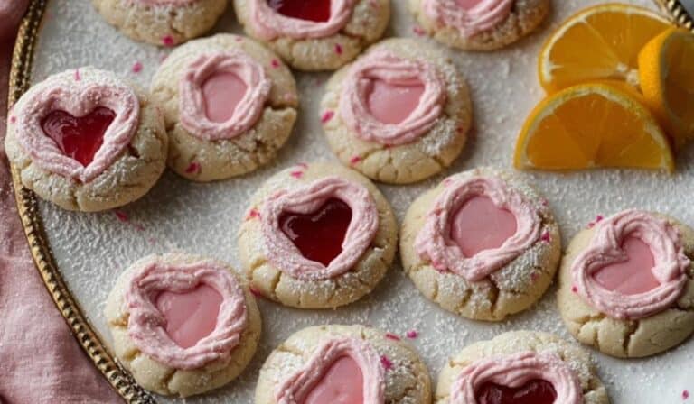 Pink Lemonade Thumbprint Cookies served on a vintage pastel plate