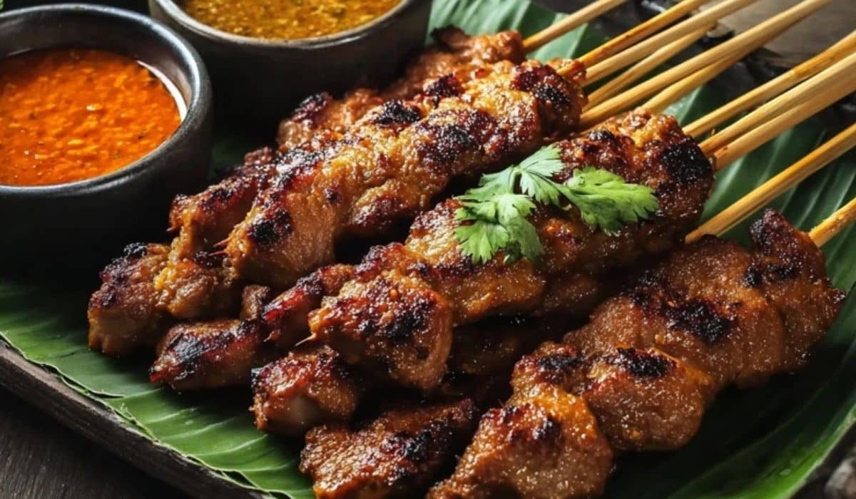 Pork Satay Recipe Skewers served on banana leaves with peanut sauce
