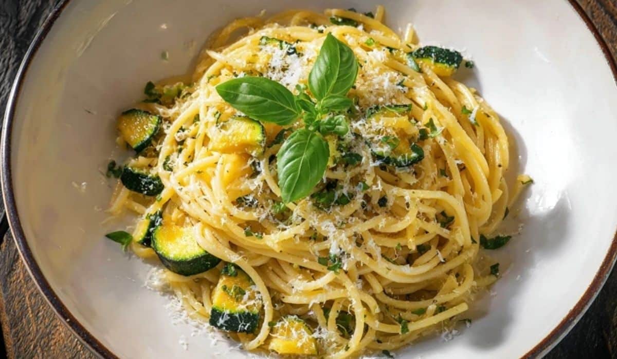 Spaghetti Alla Nerano served overhead on rustic plate