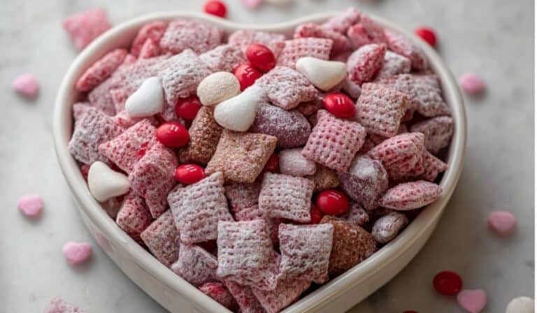 Valentine's Day Muddy Buddies in heart-shaped bowl overhead view