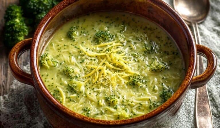 Warming Italian Broccoli Soup served in rustic bowl