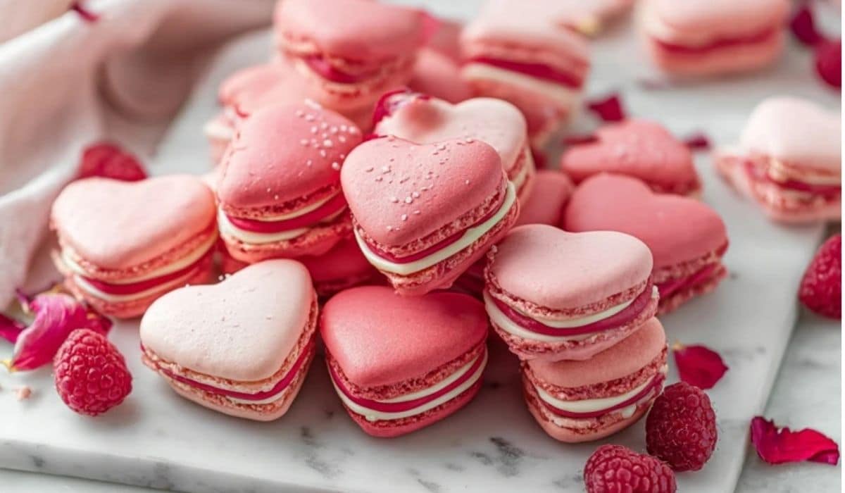 Heart shape macarons in pink and red on marble for Valentine’s Day