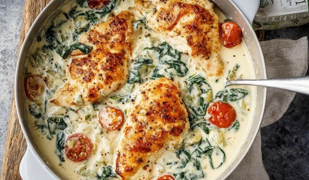 Mouthwatering Boursin Chicken Bake in a creamy herb sauce with spinach and tomatoes