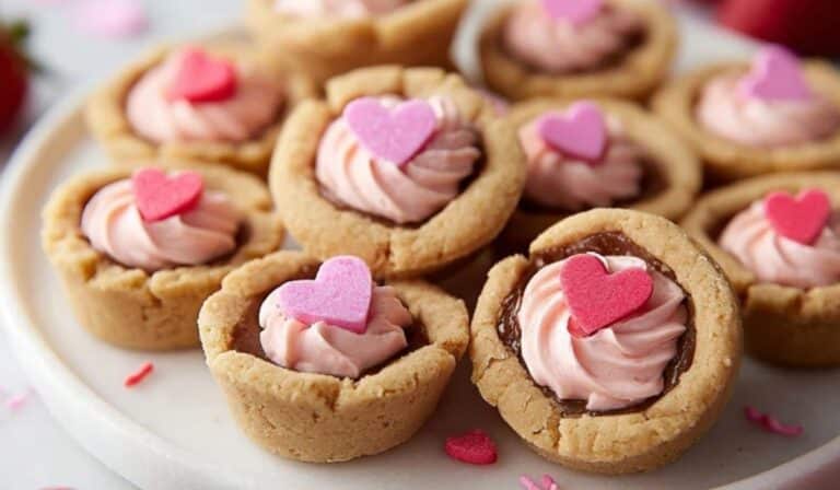 Valentines Cookie Cups with strawberry cheesecake filling and heart sprinkles on white marble