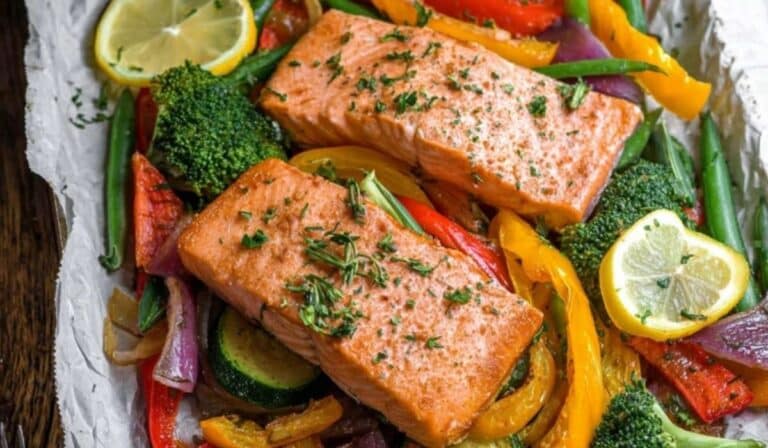 30-minute one-pan salmon and veg on a sheet pan with lemon and roasted vegetables