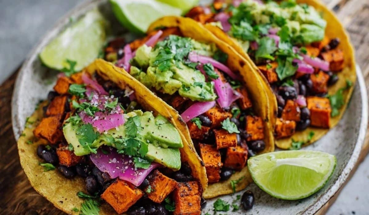 Black bean and sweet potato tacos topped with avocado, cilantro, and pickled onions