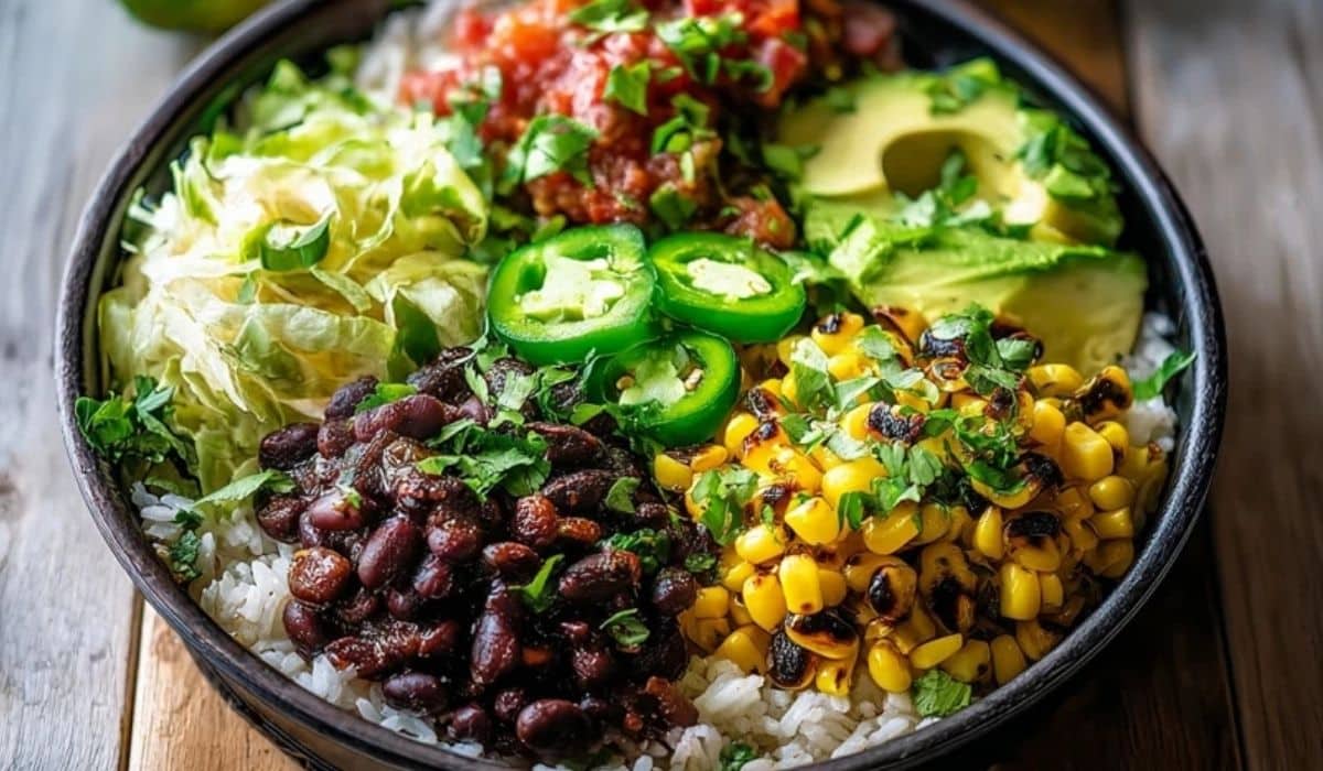Black bean burrito bowl batch cook with rice, beans, corn, and avocado