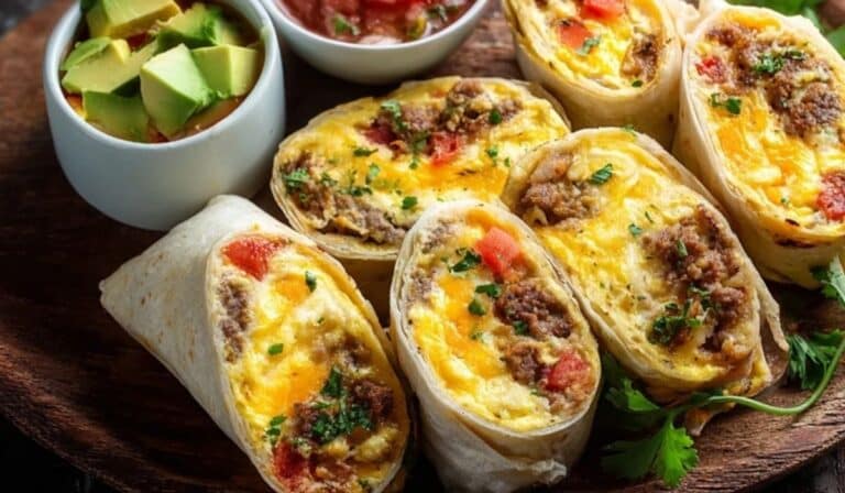 Breakfast burrito meal prep slices on a board with salsa and avocado