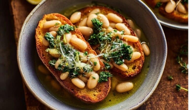 Brothy white beans on toast in a shallow bowl with lemon and herbs.