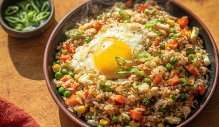 Budget fried rice with egg and veg in a bowl on a wooden table