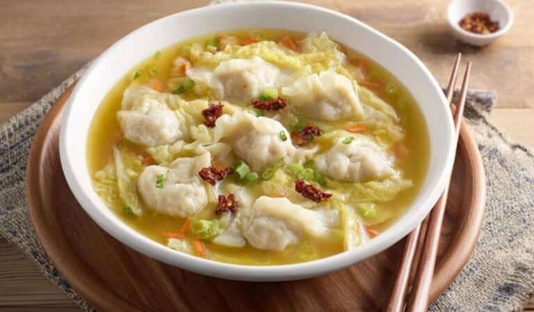 Cabbage and pork dumpling soup in a large white bowl with chili crisp and scallions